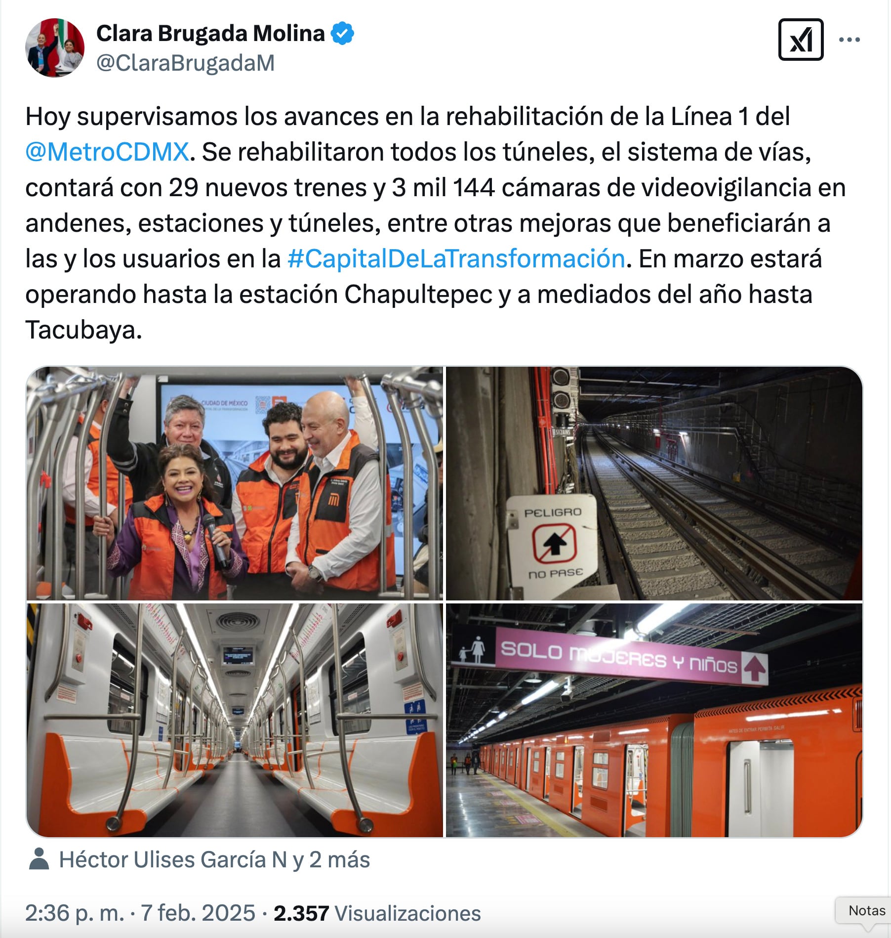 Clara Brugada recorrió el segundo tramo de la Línea 1 del Metro CDMX