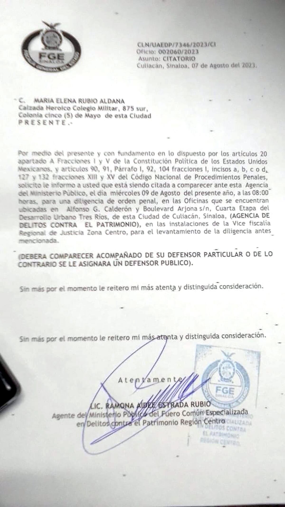 Denuncia penal contra la enfermera María Elena Rubio Aldana