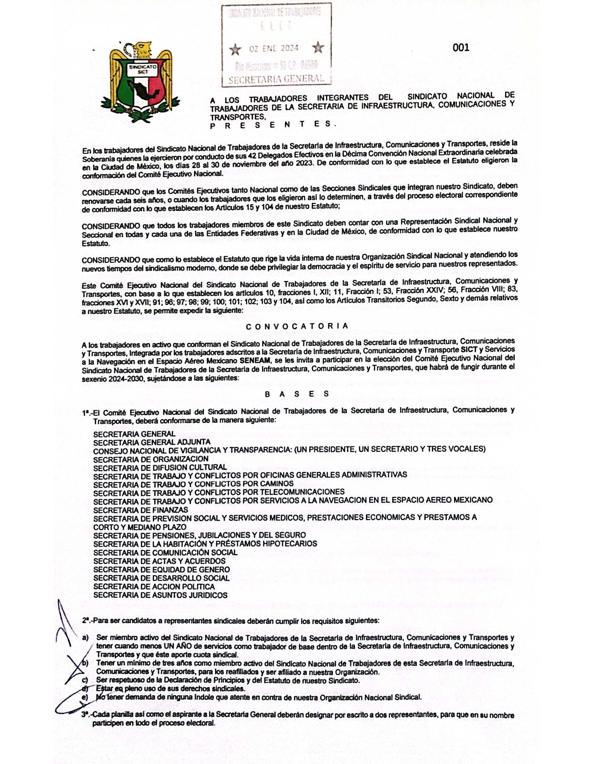 Comunicado por elección de dirigentes en el Sindicato Nacional de Trabajadores de la SICT