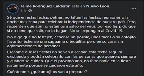 El Bronco pide no salir durante fiestas patrias