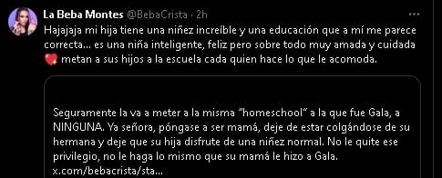 La Beba Montes responde a haters por sacar a su hija de la escuela.