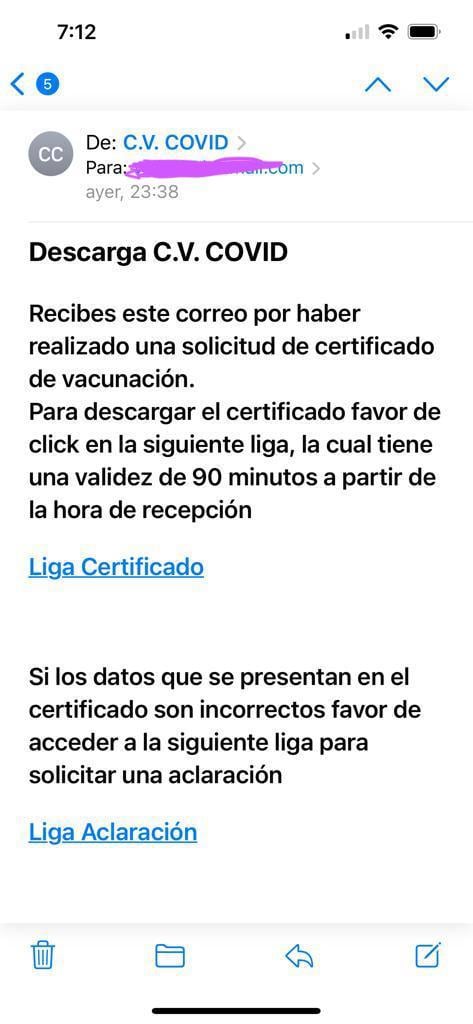 Correo falso para certificado de vacunación