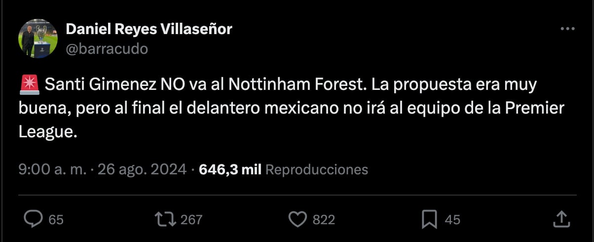 Santi Giménez le dice "no" al Nottingham.