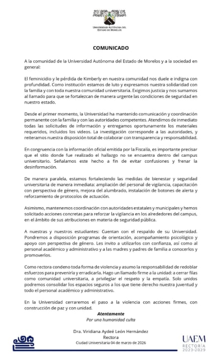 UAEM se pronuncia tras feminicidio de Kimberly Joselin Ramos