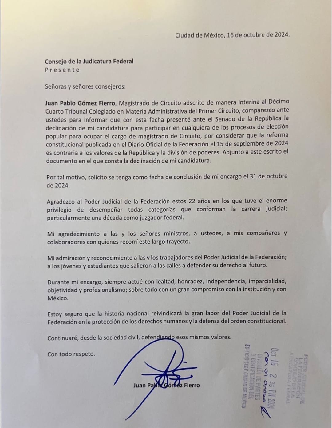 Carta de renuncia del magistrado Juan Pablo Gómez.