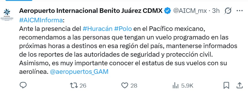 AICM lanza alerta por el huracán Polo