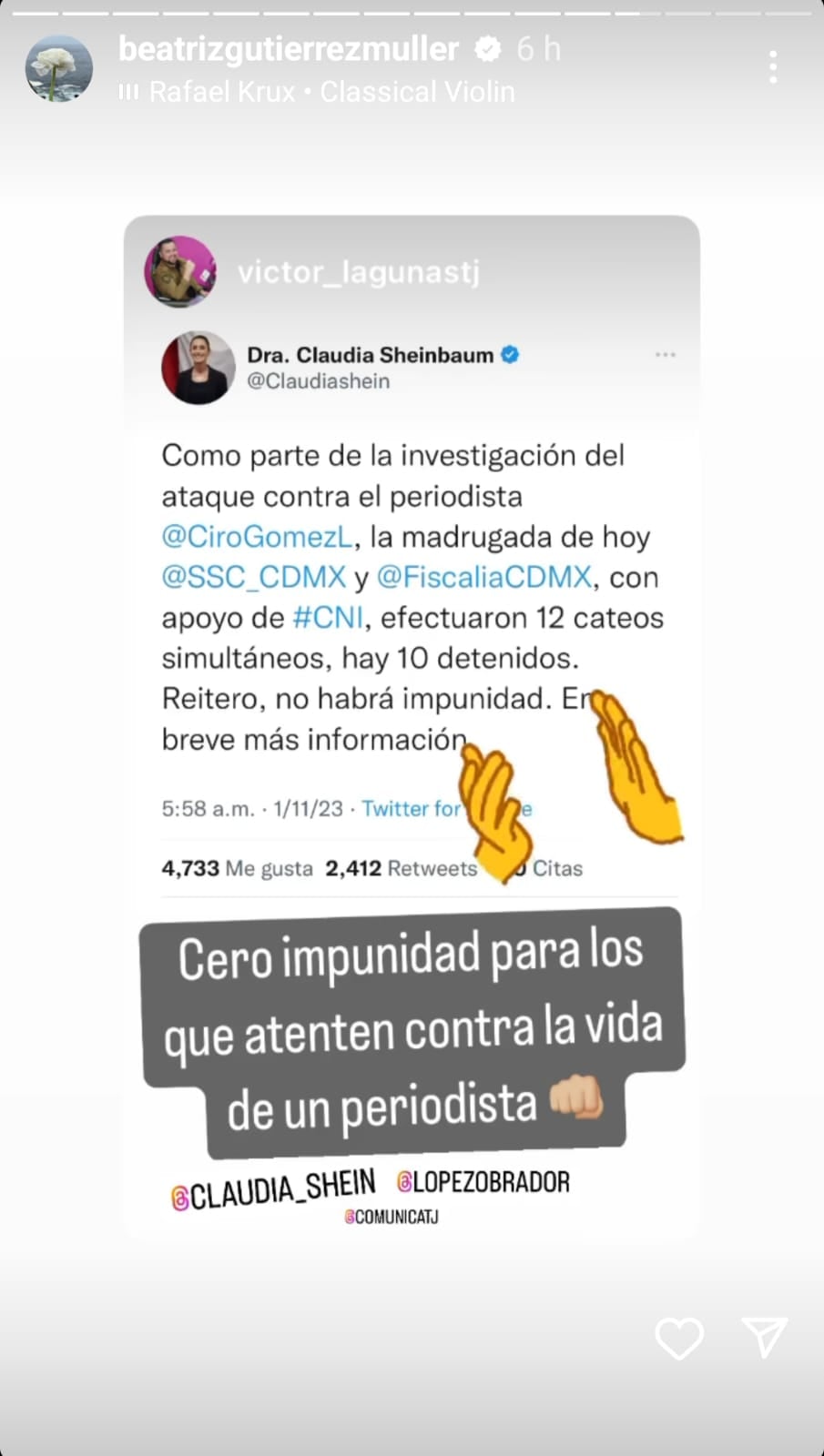 Beatriz Gutiérrez celebra detenciones tras el atentado contra Ciro Gómez Leyva