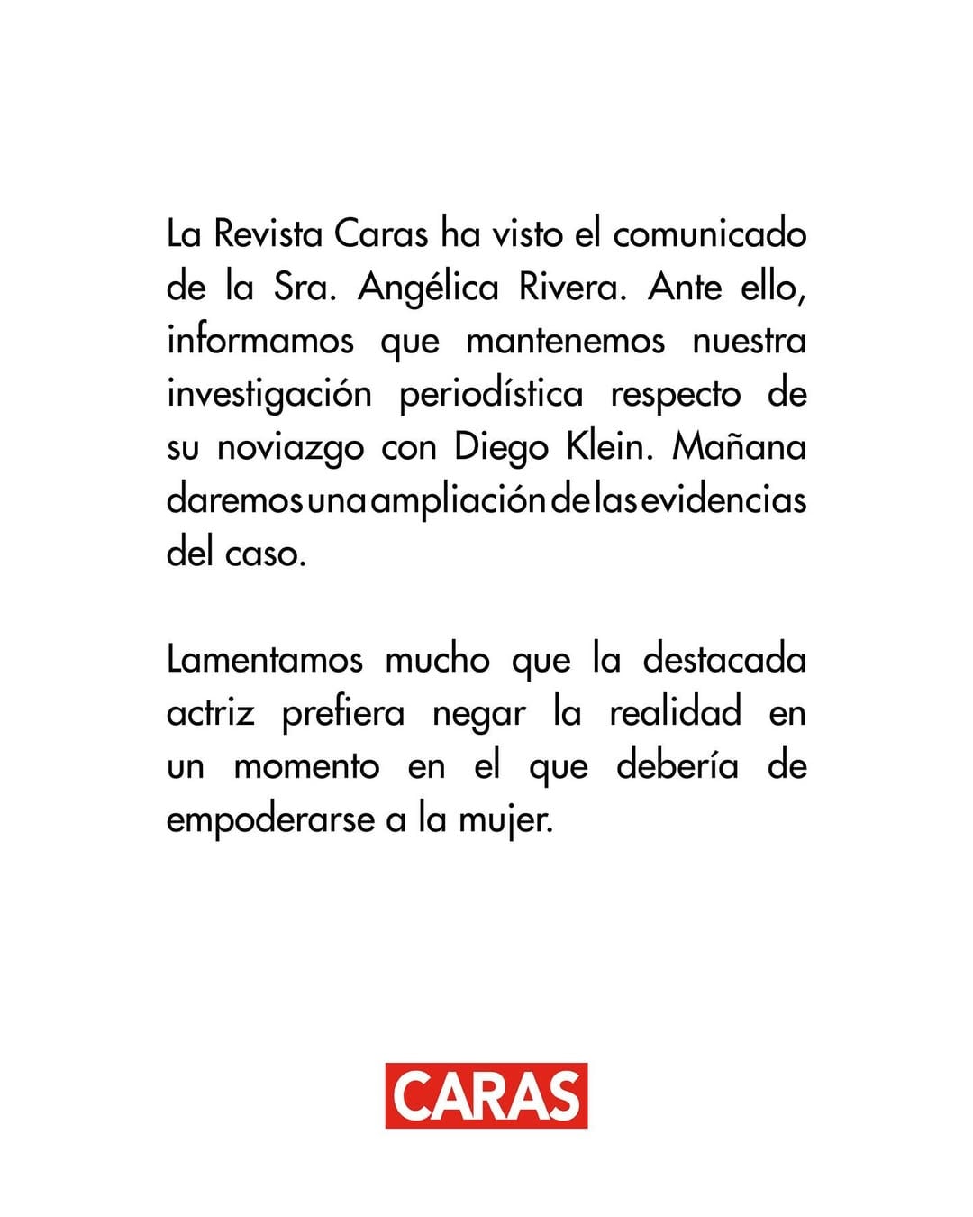 Revista Caras lanza comunicado a Angélica Rivera.