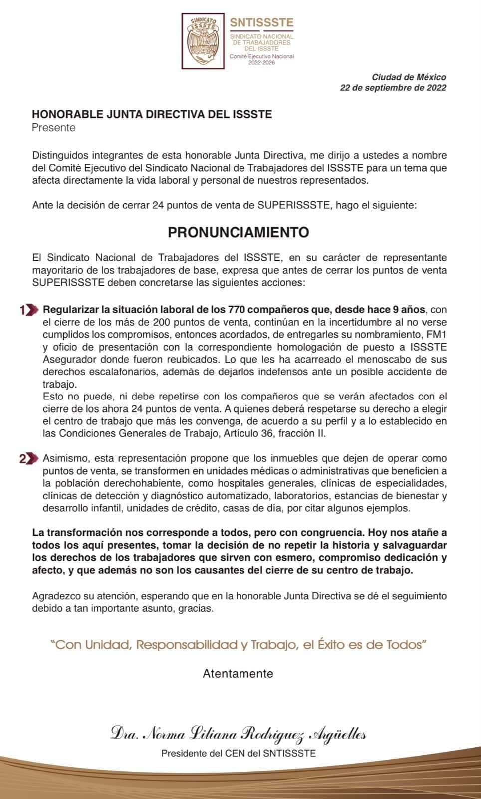 Pronunciamiento SNTISSSTE