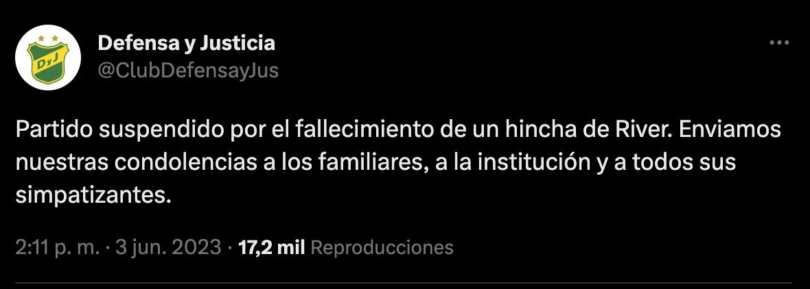 Defensa y Justicia sobre fan muerto de River Plate