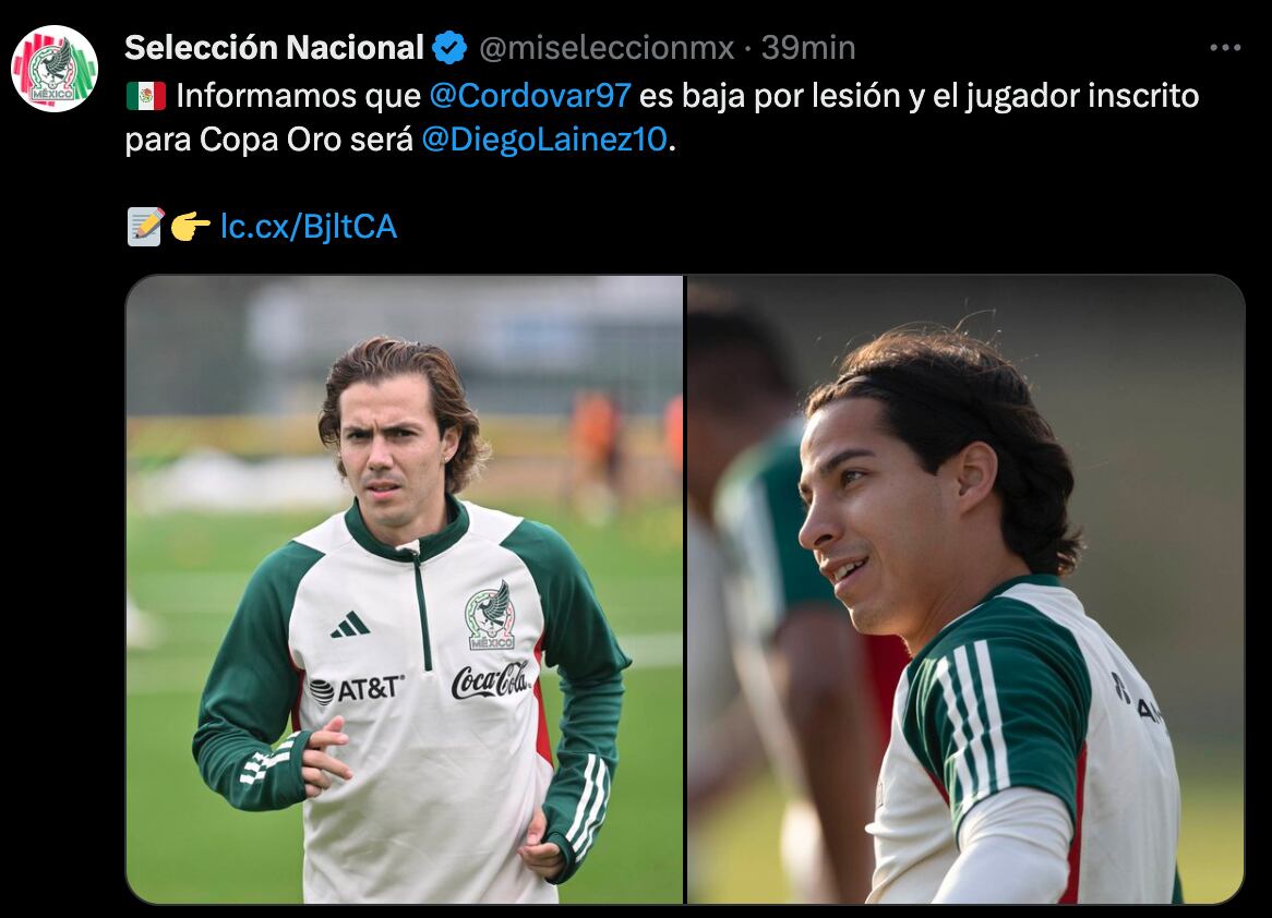 Sebastián Córdova causa baja del Tri; Diego Lainez entra en su lugar