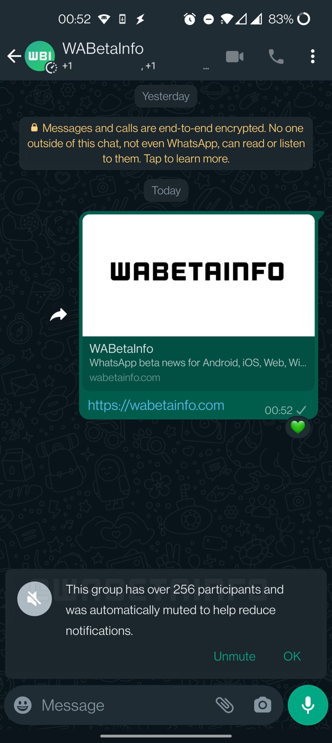 Aviso de WhatsApp sobre el silencio automático de las notificaciones en grupos
