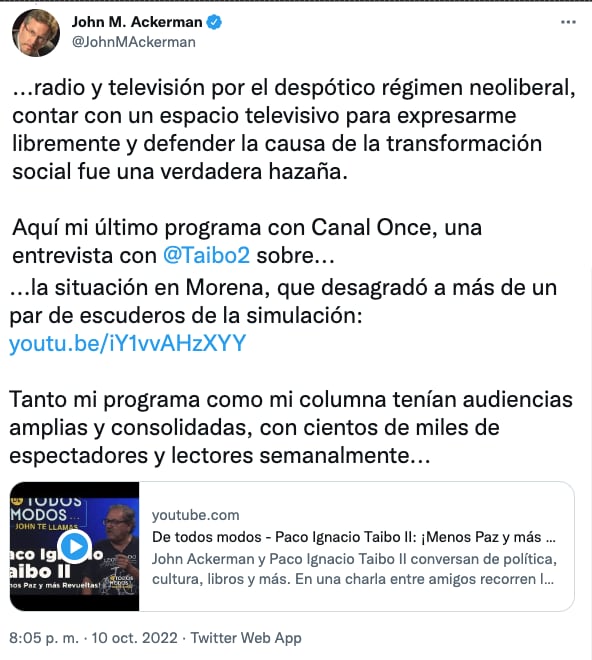 Entrevista con Paco Ignacio Taibo II provocó desagrado en Morena, afirma