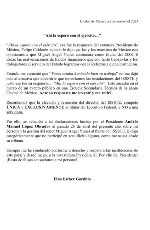 Carta de Elba Esther Gordillo a AMLO