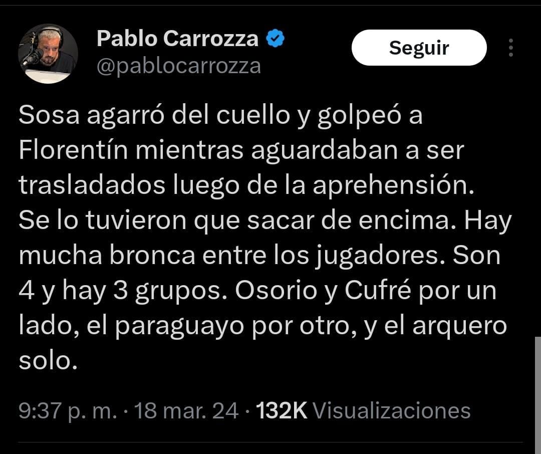 El periodista Pablo Carroza informó un conato de bronca entre los jugadores.