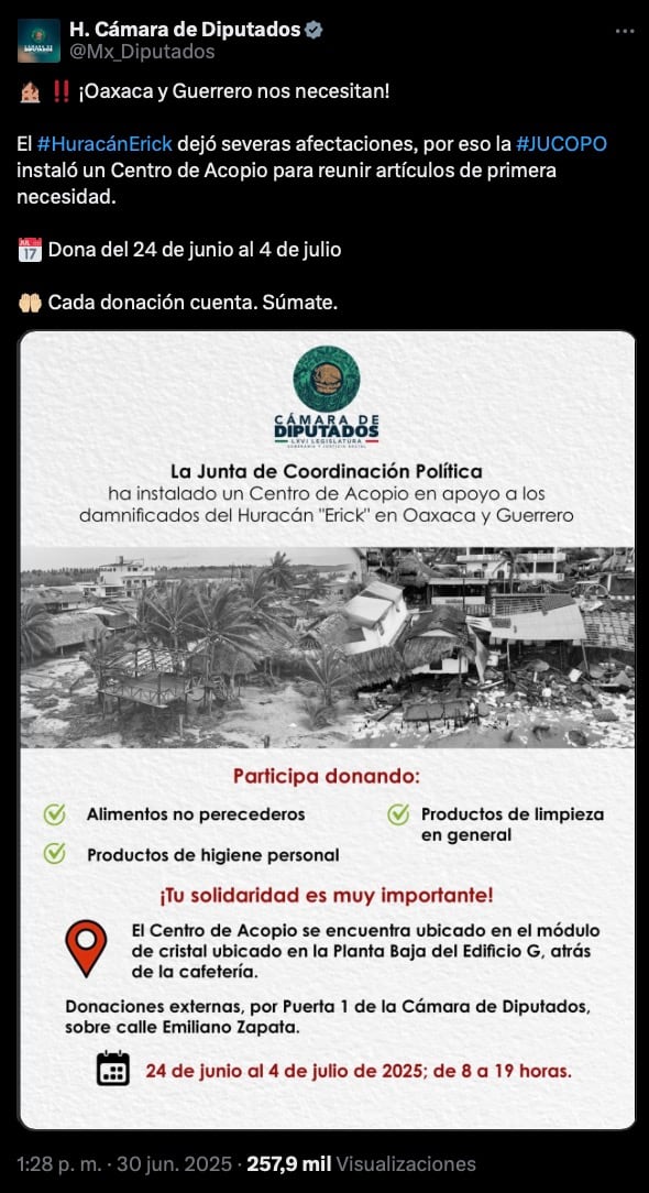 Centro de acopio de la Cámara de Diputados por huracán Erick