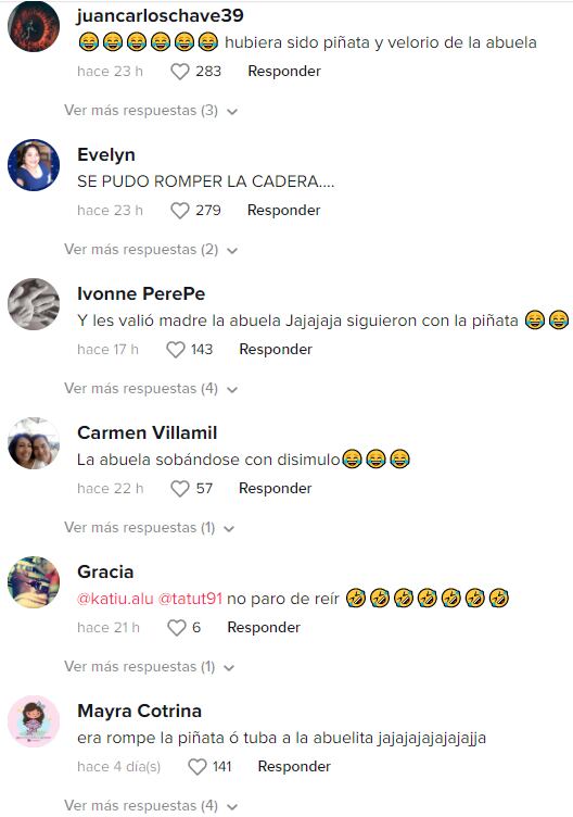 Reacciones a la abuelita que es empujada a la hora de la piñata