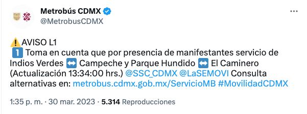 Metrobús reporta cierre de estaciones en la Línea 1