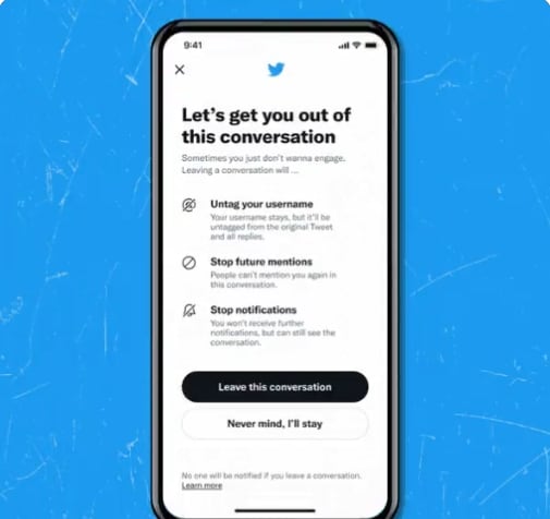 Advertencia de Twitter al seleccionar: "Salir de esta conversación"