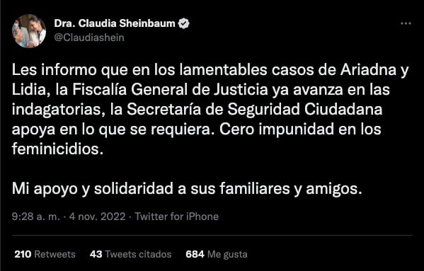 Claudia Sheinbaum promete cero impunidad en feminicidios de Ariadna Fernanda y Lidia Gabriela