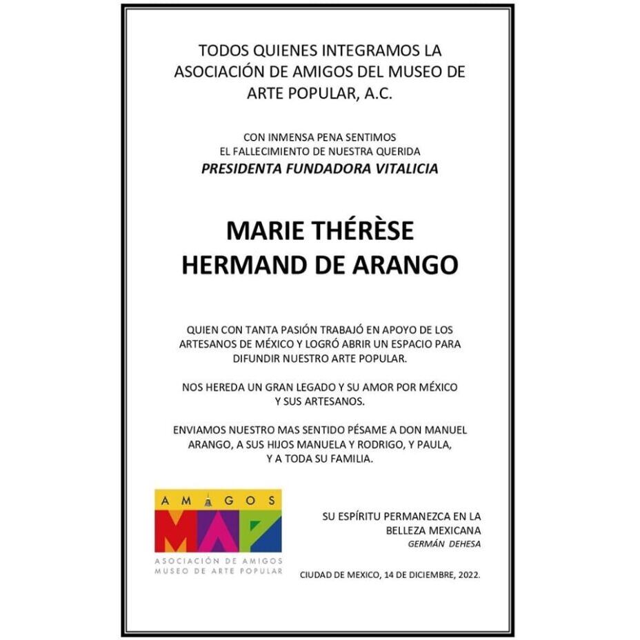 Comunicado la muerte de Marie Thérèse Hermand de Arango del Museo de Arte Popular