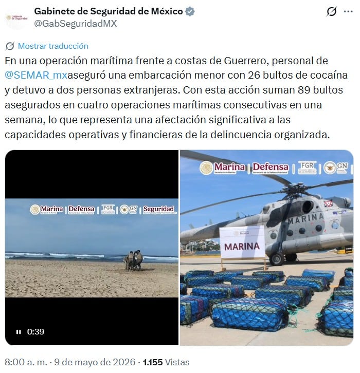 Semar intercepta embarcación con 26 bultos de cocaína