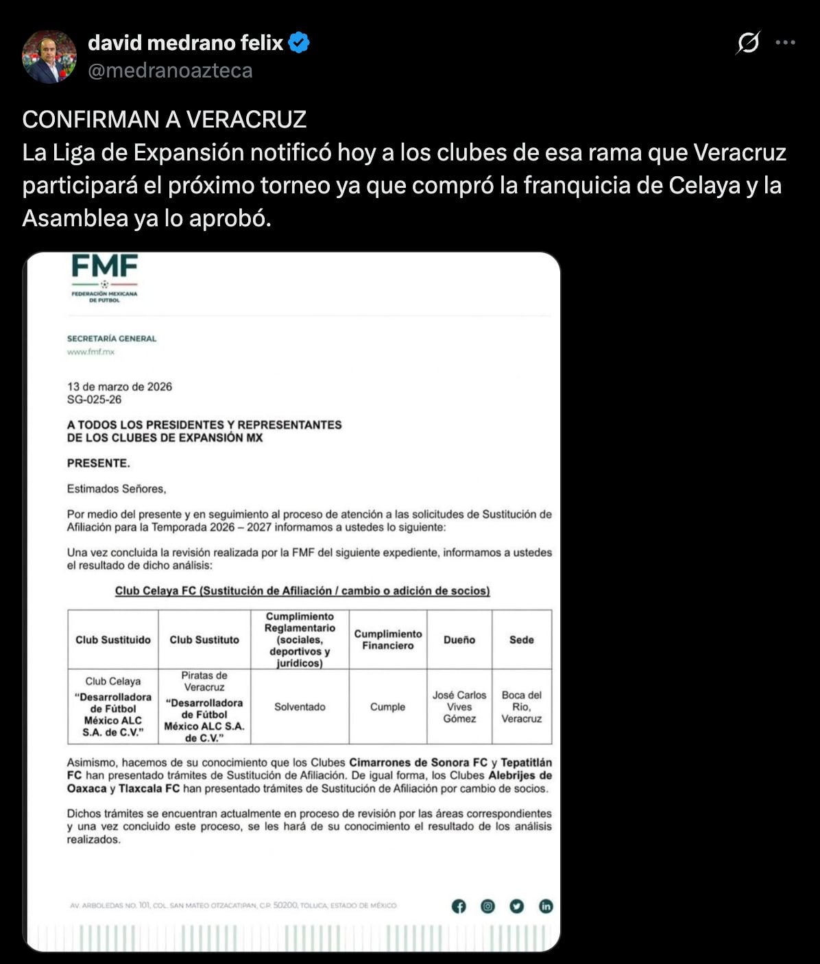 FMF confirma que Veracruz vuelve a la Liga de Expansión MX.