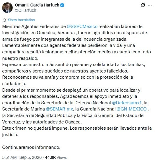 Harfuch confirma asesinato de dos agentes en Omealca, Veracruz; fueron atacados por el crimen organizado