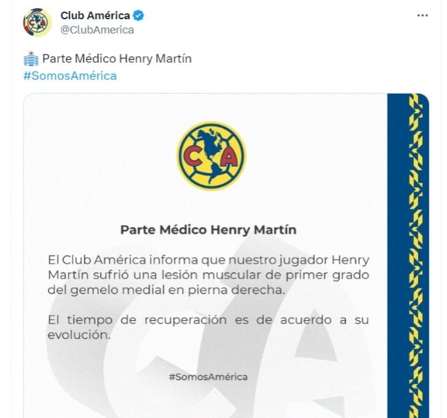 El Club América dio a conocer la gravedad de la lesión de Henry Martín.