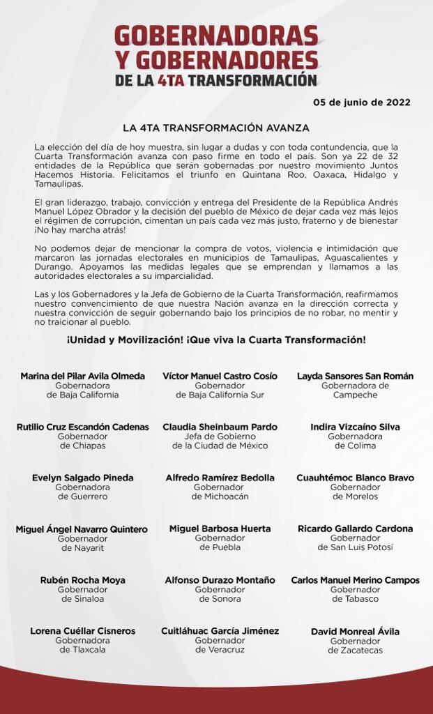 comunicado de gobernadores de Morena luego de las elecciones 2022/Morena
