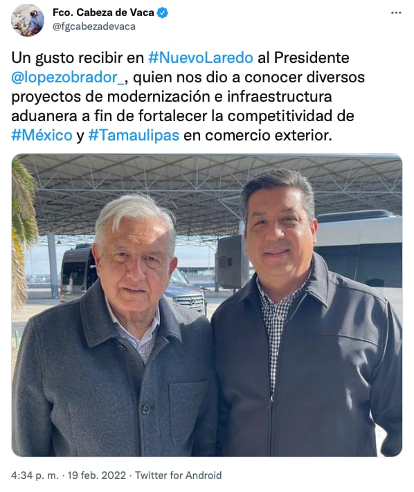 Tuit del gobernador de Tamaulipas, Francisco Cabeza de Vaca