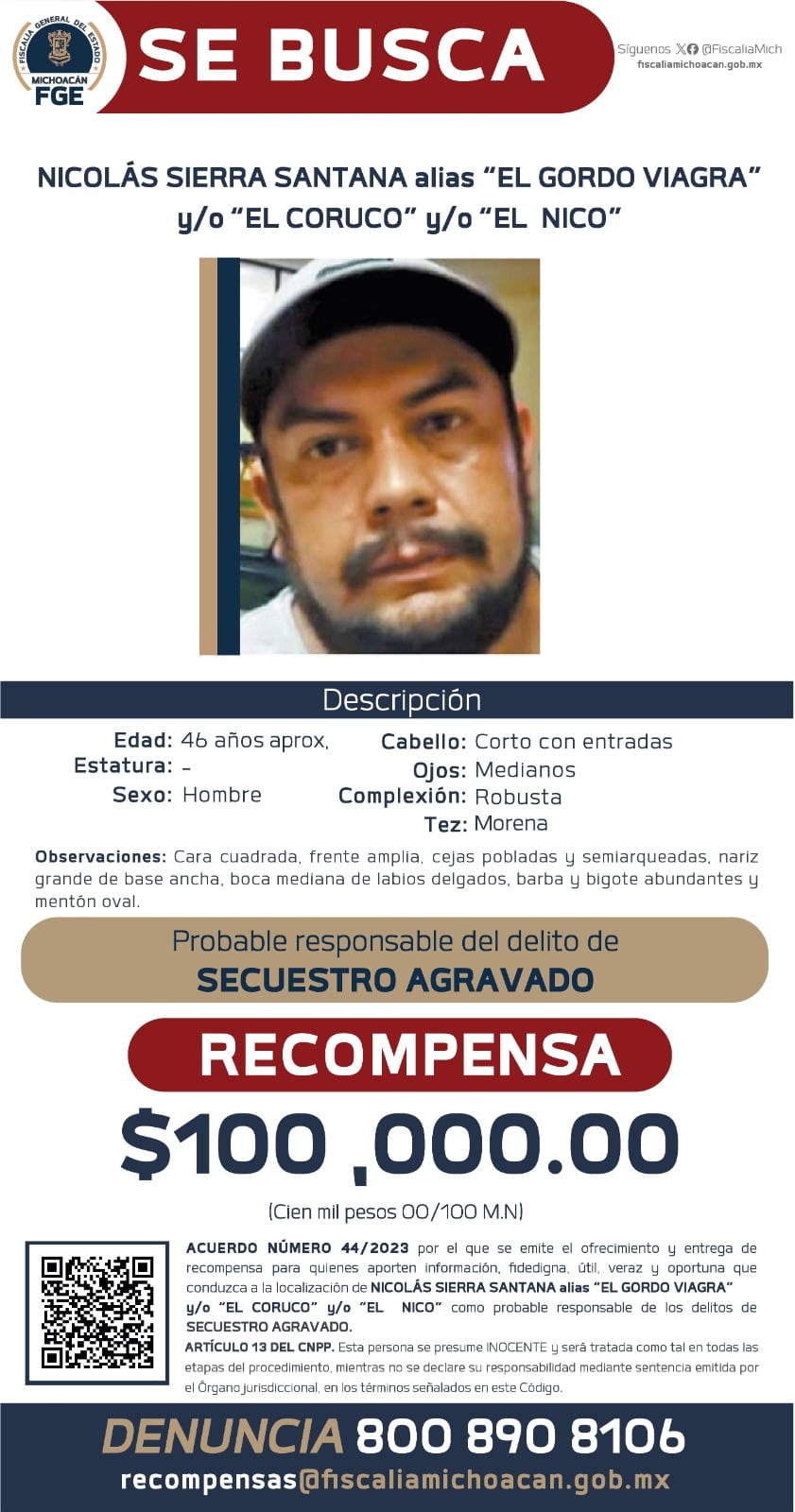 Fiscalía de Michoacán ofrece recompensa de 100 mil pesos para localizar a involucrados en el asesinato de Hipólito Mora