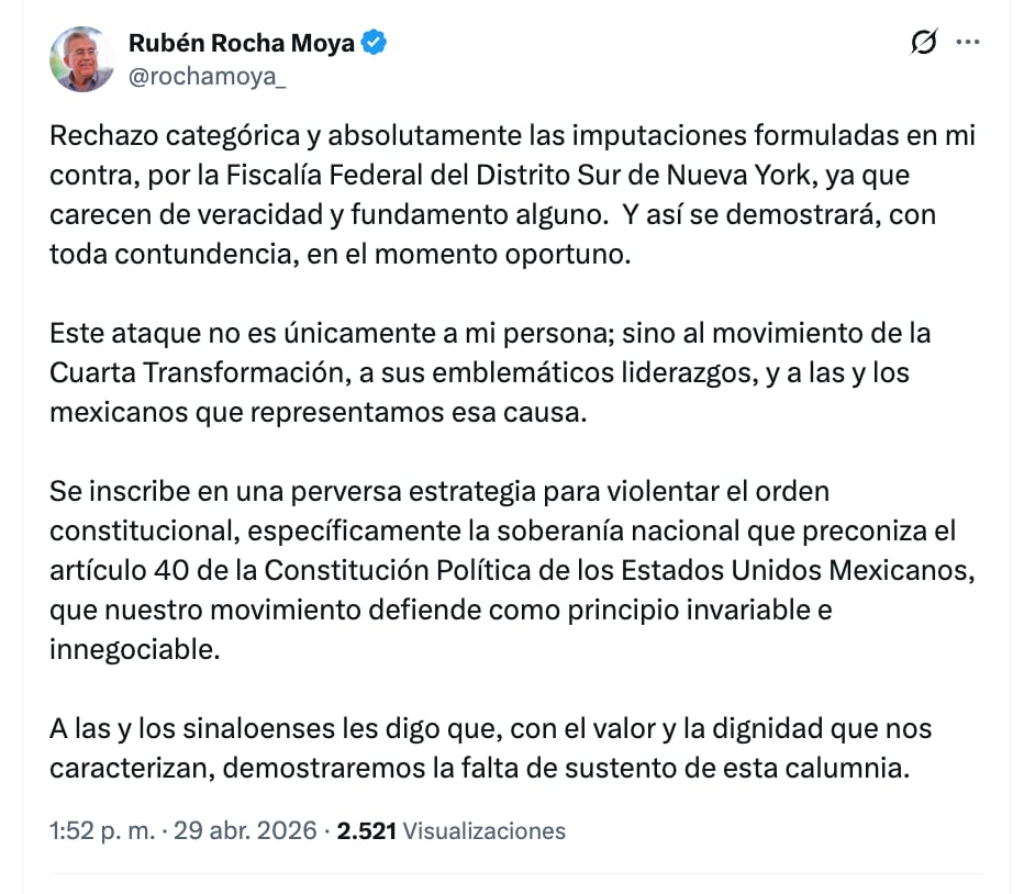 Tras acusaciones en EU, Rubén Rocha Moya afirma que es un ataque contra la Cuarta Transformación
