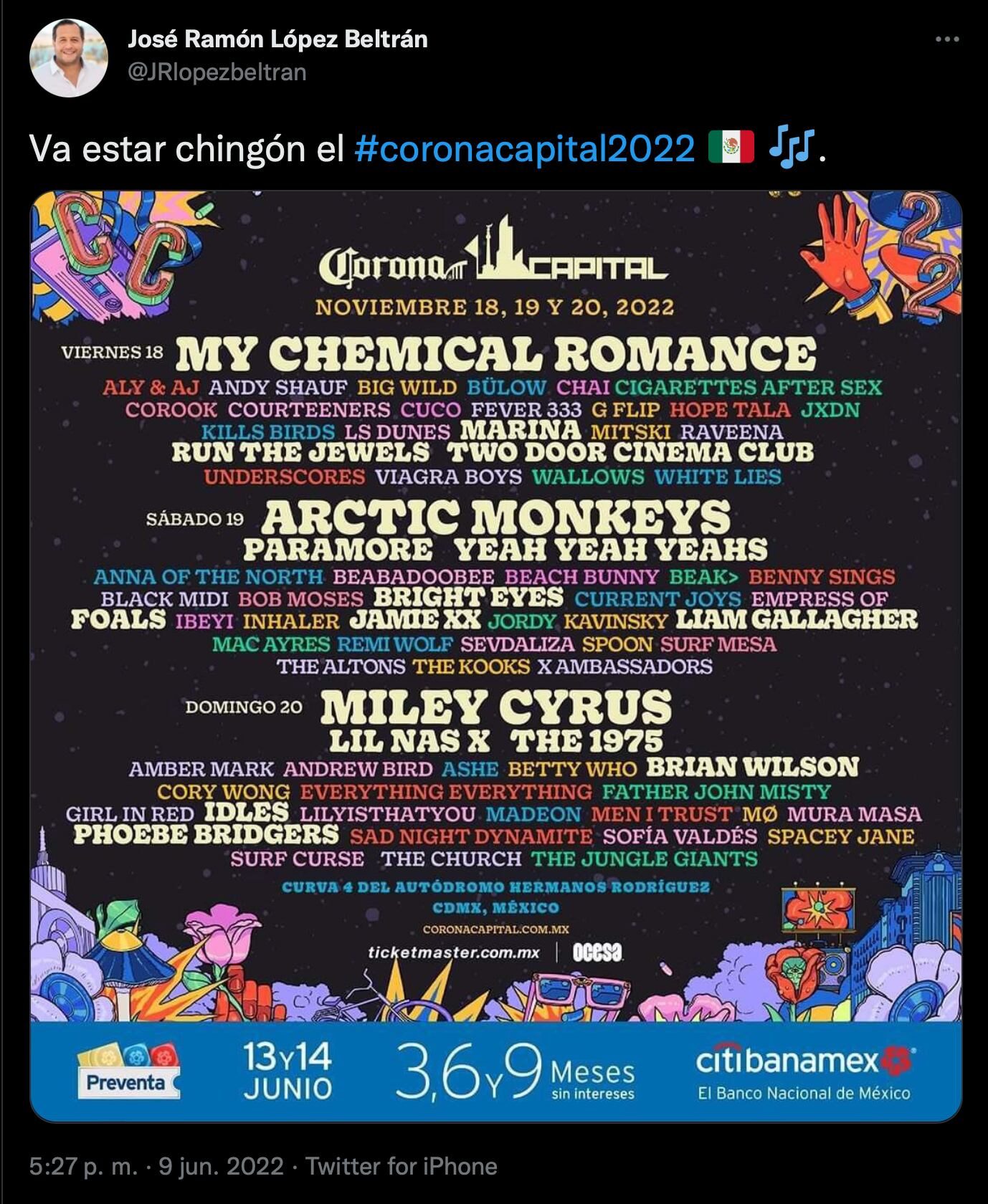 A José Ramón López Beltrán le encantó el cartel del Corona Capital 2022: “va a estar chingón”