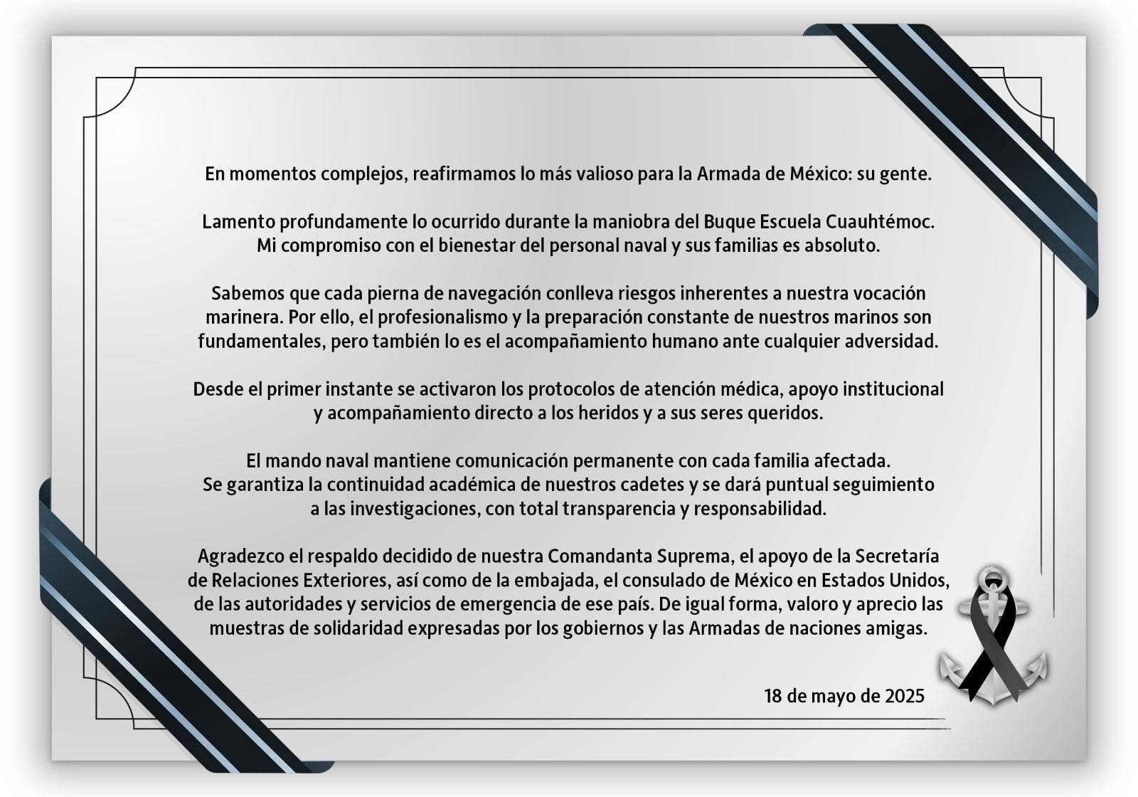 Raymundo Pedro Morales Ángeles, almirante y titular de la Semar reacciona a accidente del Buque Escuela Cuauhtémoc