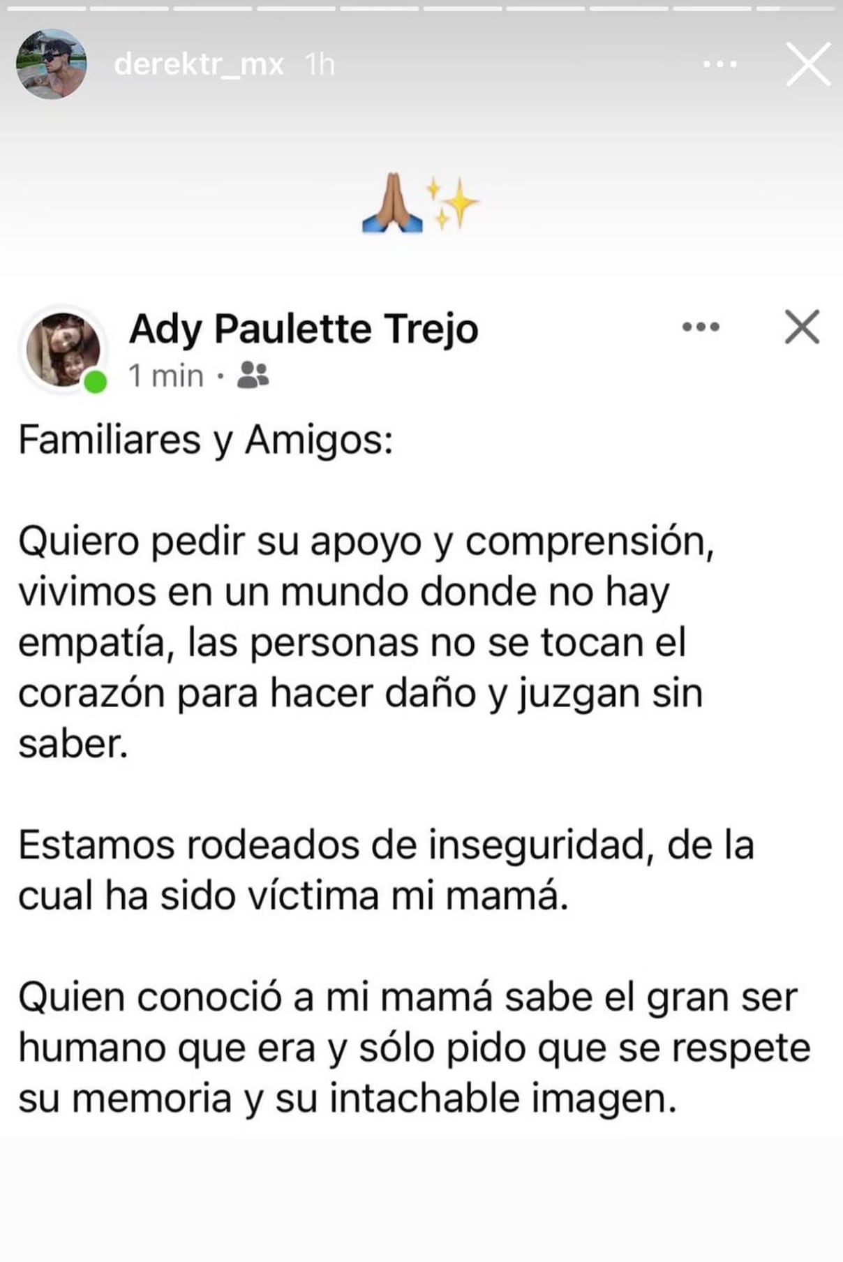 Hermana de Derek Trejo pide que dejen de revictimizar a su mamá
