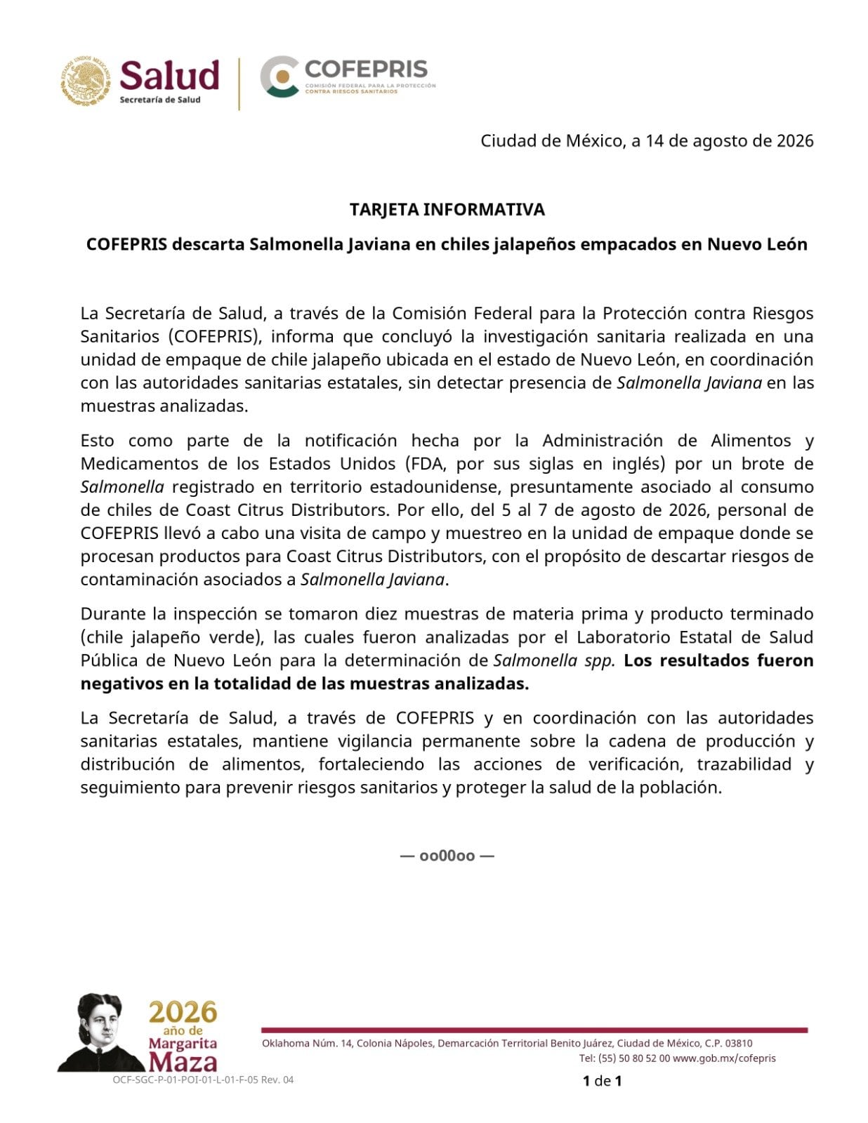 Cofepris descarta Salmonella en chiles jalapeños de Nuevo León