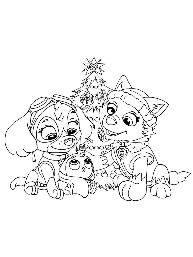 Dibujos de Paw Patrol con un árbol de Navidad para colorear