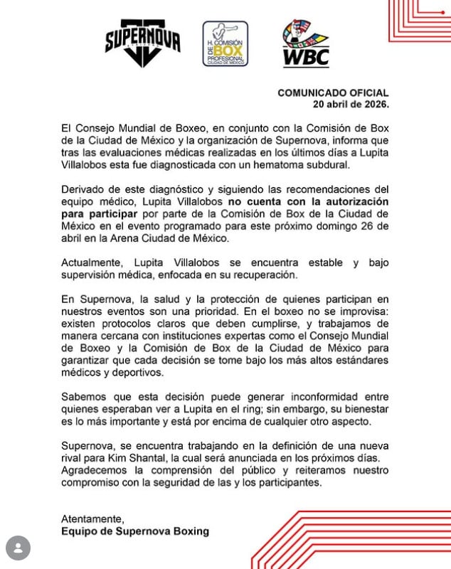 Lupita Villalobos no peleará en Supernova: Génesis tras presentar una lesión cerebral