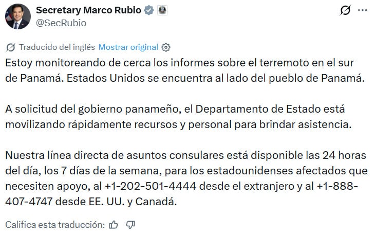 Marco Rubio confirma que Estados Unidos enviará ayuda a Panamá