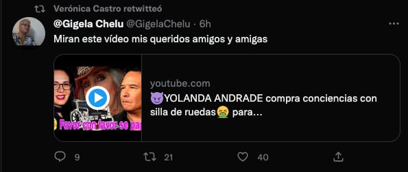 Verónica Castro compartió en Twitter un video en contra de Yolanda Andrade