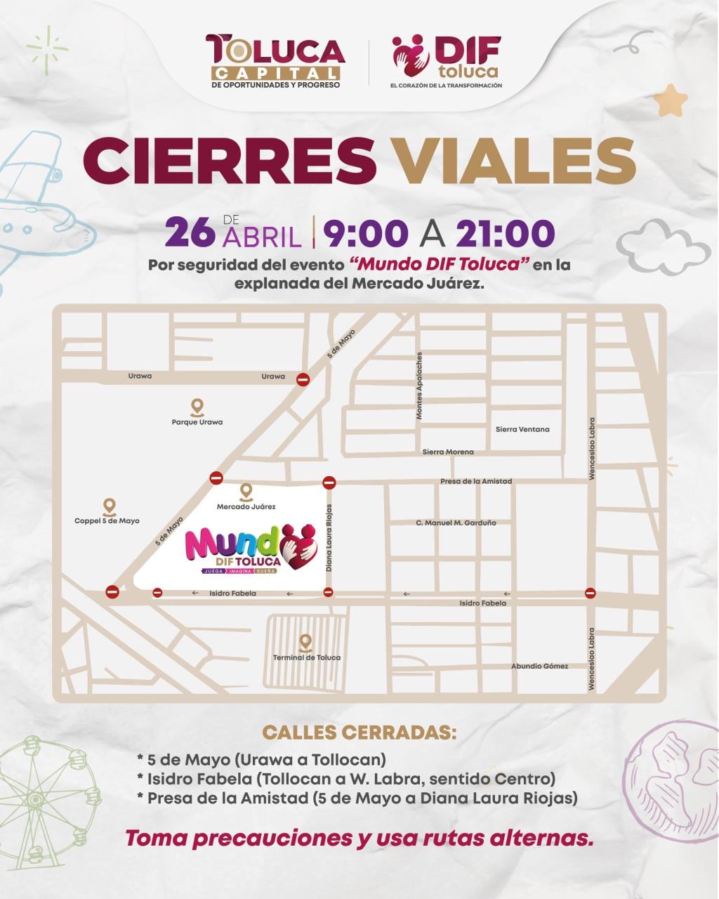Mundo DIF Toluca provocará cierres viales de 9 a 21 horas