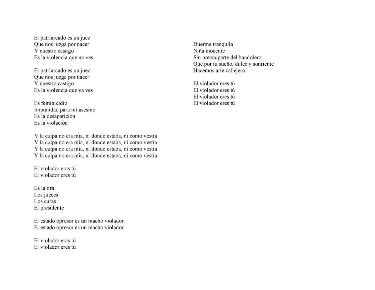 Letra "Un violador en tu camino" versión México.