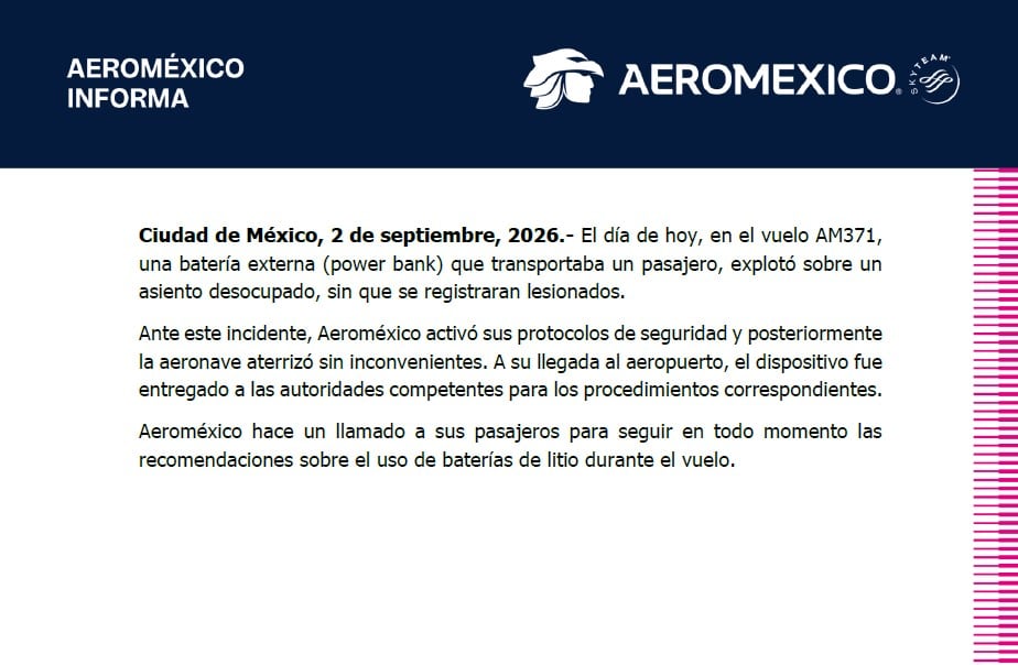 ¿Por qué explotó una batería externa en pleno vuelo de Aeroméxico? Esto se sabe