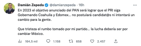 Damián Zepeda se muestra decepcionado con el PAN por candidaturas de Va Por México