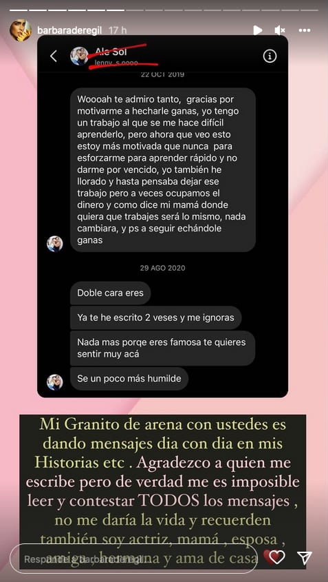 Seguidora reclama a Bárbara de Regil; ella la evidencia sin ocultar su identidad.