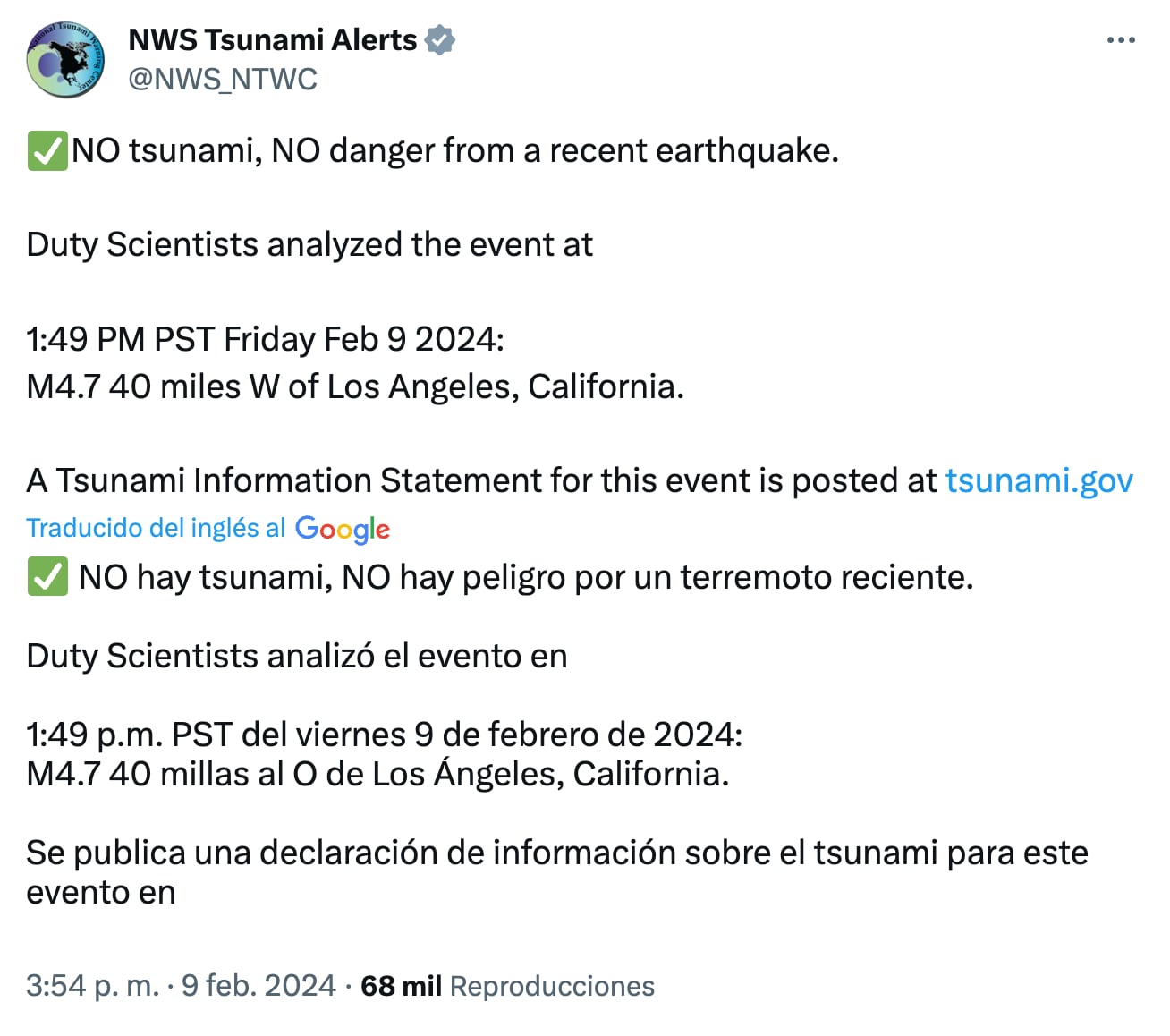 El NWS descartó la formación de un tsunami tras el sismo que sacudió Los Ángeles
