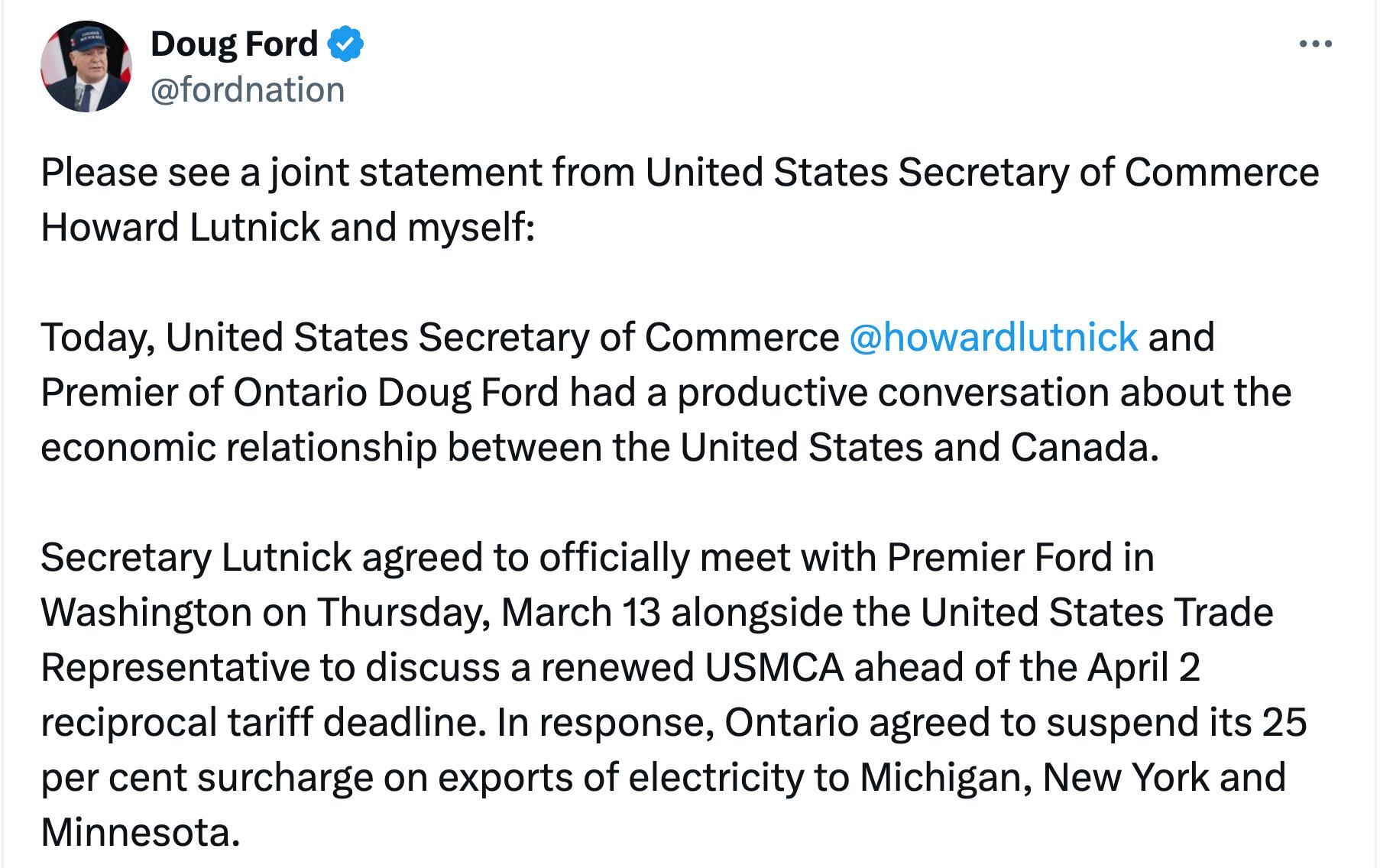 Doug Ford cancela aranceles