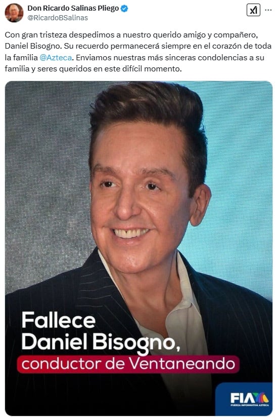 Ricardo Salinas Pliego se despidió de Daniel Bisogno con un emotivo mensaje