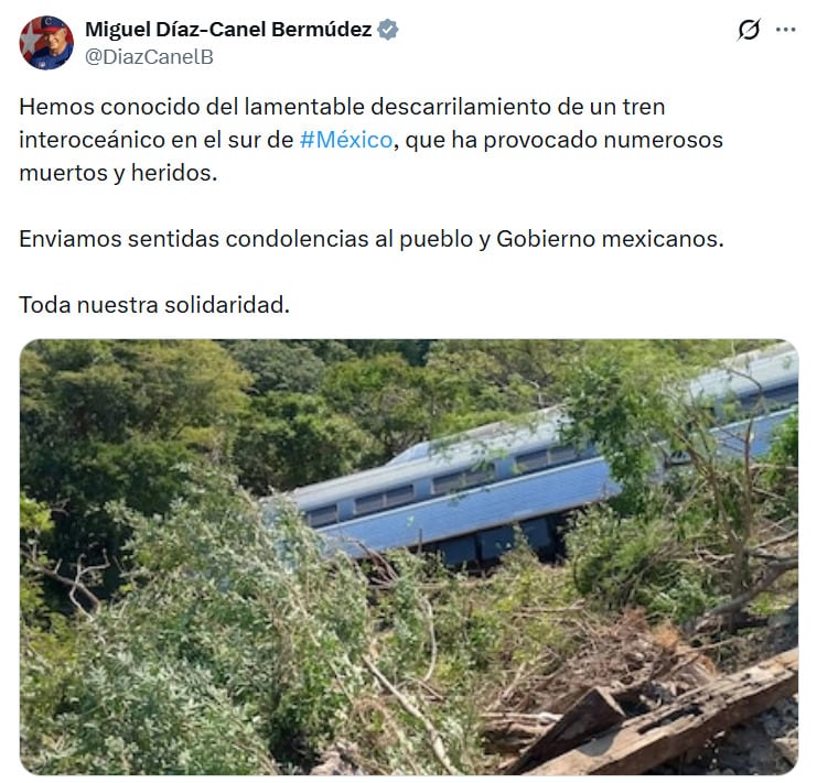 Miguel Díaz-Canel, presidente de Cuba, envía sus condolencias a México tras el descarrilamiento del Tren Interoceánico